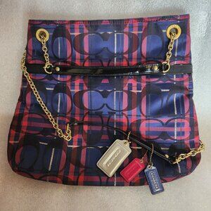 Coach Womens Poppy Tartan C Signature Pink Blue Plaid Handbag Snap Chain